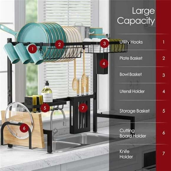 Over The Sink Dish Drying Rack Large Stainless Steel Kitchen Organizer Black - Picture 5 of 7